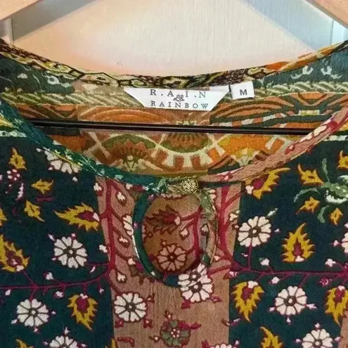 Rain & Rainbow Women’s Multi Ethnic Motifs Printed Bell Sleeves Kurta Size M Blue Size M