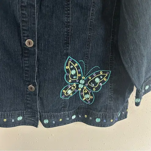Alfred Dunner Dark Blue Jean Jacket Butterfly Embroidery Beaded Denim Casual Size 18