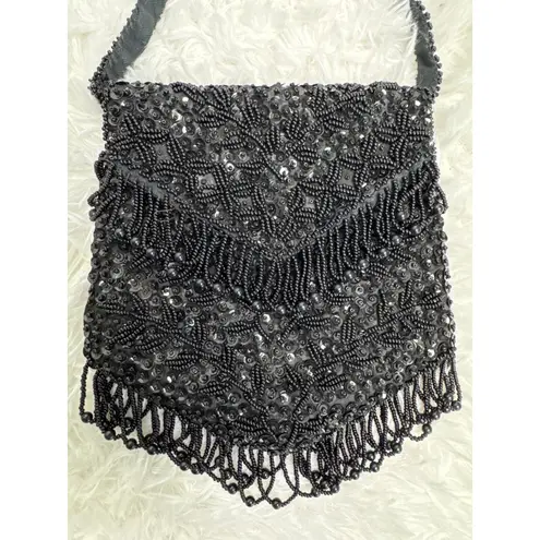 Vintage Mademoiselle Handmade Beaded Black Evening Bag Hong Kong Purse