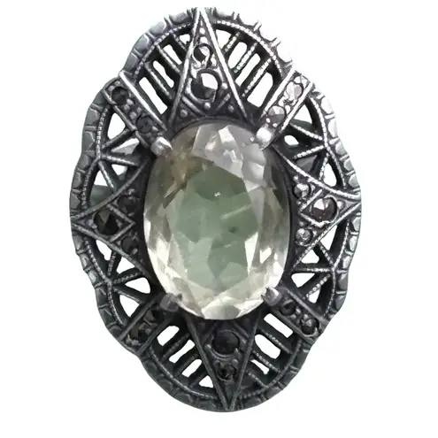 Antique Citrine Marcasite Hallmarked Sterling Silver Large Art Deco Estate Ring Yellow