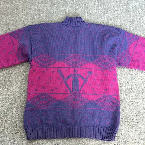 VTG 80s 100% wool turtleneck mock neck sweater pink purple ski motif apres ski Size M