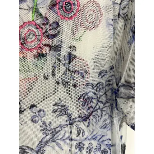 Johnny Was Logan Embroidered Mesh Tiered Maxi Dress Boho Floral Blue Large