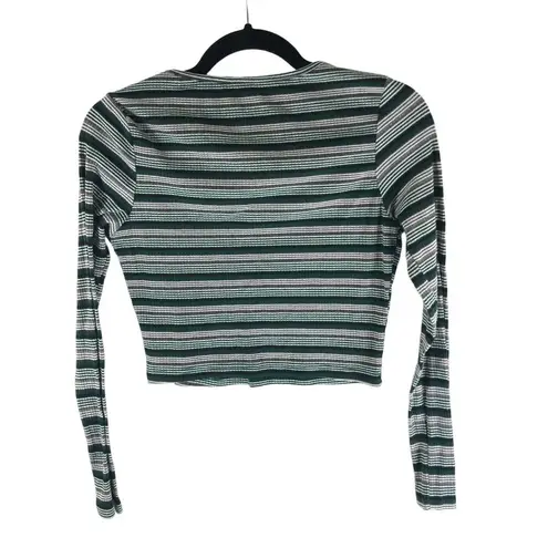 SheIn  Womens Striped V-Neck Long Sleeve Crop Top Green White Ribbed Size M