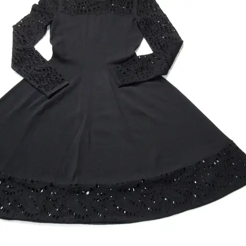 Milly NWT Lace Pointelle Fit & Flare in Black Long Sleeve Stretch Knit Dress P