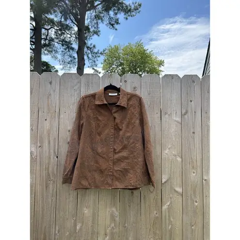 Tantrums Womens Size Large Brown Print Button Up Shirt Long Sleeve Square Button