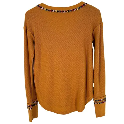 Free People We The  Mustard Yellow Rainbow Embellished Thermal Top Size Medium