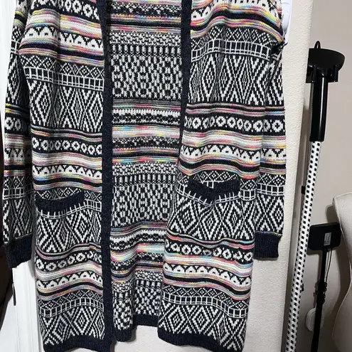 Monteau  Open Front Hoodie Cardigan Sweater Womens M Multicolor Aztec Duster Long