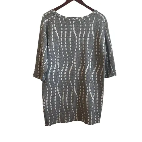 ZARA  Women Sweater M Gray White Abstract‎ Stripe Tunic 3/4 Sleeve Stretch Cozy