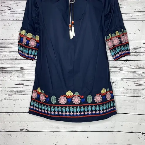 Mello Day NWT Size S Navy Blue Boho Embroidered Keyhole Tassel Tie Sheath Dress