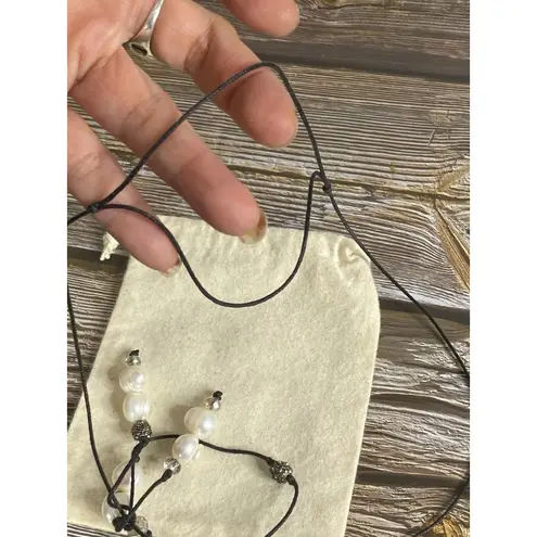 Real Pearls Baroque & Rhinestones Lariat Necklace On Black Cord Adjustable 30”