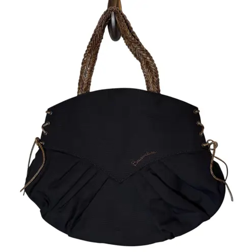 Braccialini Tua Canvas Beaded Embellished Stud Black Tote Brown Leather Detail