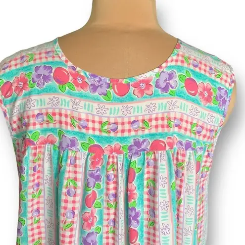 Vintage 80s Dress Colorful Fruit Floral Red Gingham Checkered Tropical Print Blue Size M