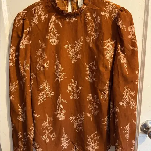 Floral Print Blouse Ruffle Mock Neck Long Sleeve Brown Top Size L Size L