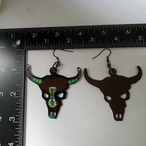 Western Boho Bull Longhorn Skull Metal Earrings Brown