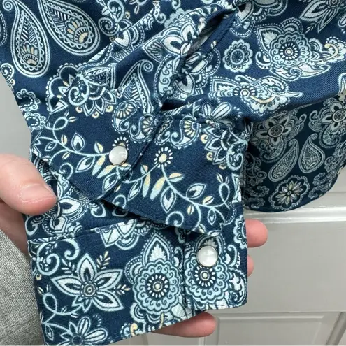 Roper knit stretchy western wear pearl snap long sleeve shirt women's large Blue