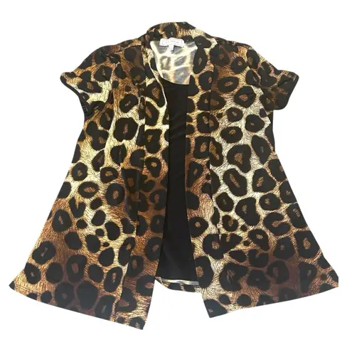 Liz McCoy Leopard Print Open Front Cardigan Top Animal Print Brown