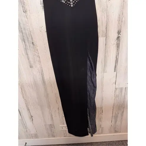 Black Rhinestone Mesh Evening Gown – Slit Maxi Dress, Size M Black Size M