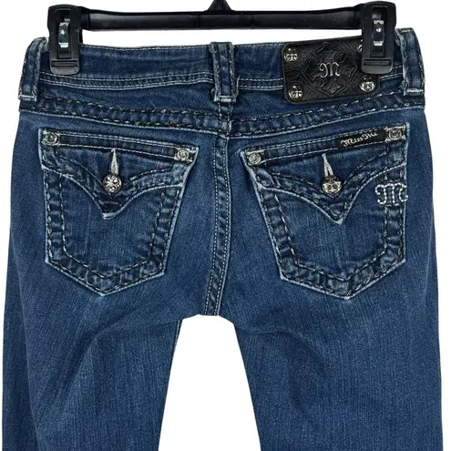 Miss Me  SZ 25 Skinny Jeans Low-Rise Silver Embroidery Button-Flap Pockets Hemmed