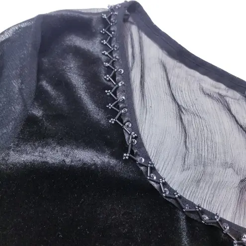 Lapis Sheer Silk Blend Velvet Rhinestones Embellished Ruffle Blouse Size M