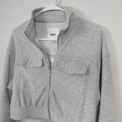 Aerie  Groove-On Velour Cropped Full Zip Ribbed Sweatshirt Jacket Light Grey