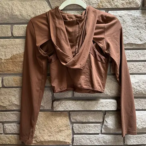 WAYDAMIN Sport 3 in 1 Set zip Up crop hoodie and leggings chocolate brown small