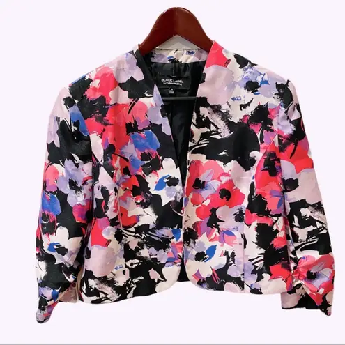 Evan Picone Retro Floral Open Front Jacket Blazer Black Pink 14