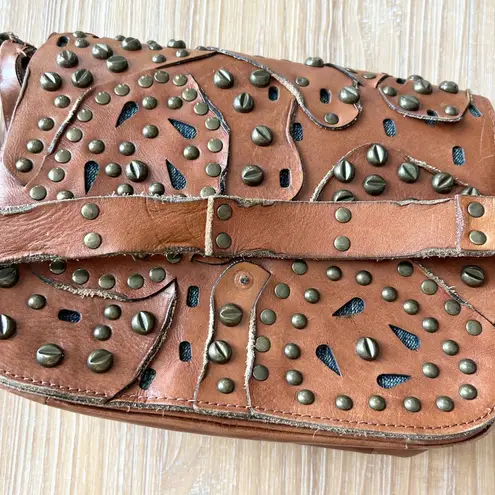 Patricia Nash Rosa Brown Leather Studded Saddle Messenger Crossbody Bag