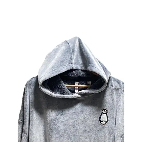 Joyspun Penguin Patch Cropped Teddy Hoodie Gray Size XL Cozy Winter Soft Casual