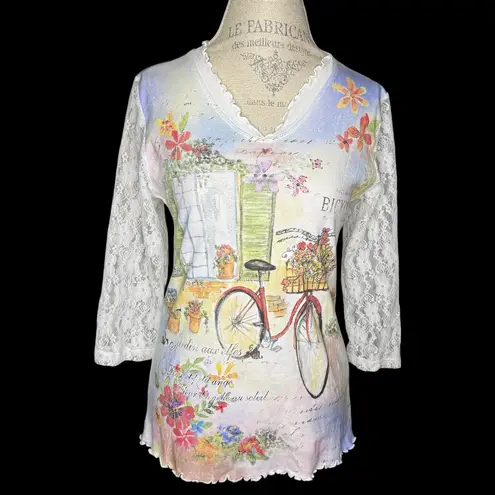 Cactus Vintage Brand Lace Sleeve Blouse Top Floral Bicycle Print Lettuce Hem Med
