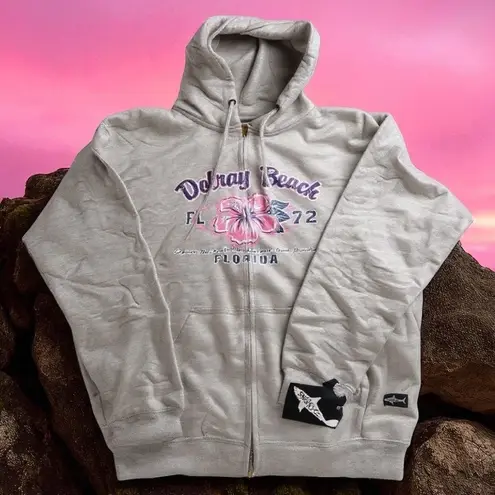 Delray Beach Florida Womens Medium Hoodie Distressed Shark Flower Hoodie Gift Gray