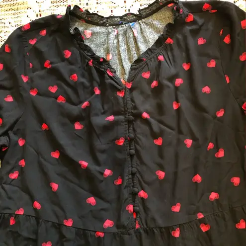 Black Dress with Red Heart Pattern Large tiered ruffle bottom