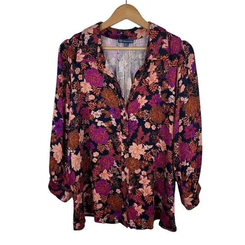 Democracy Blouson Sleeve Button Down Pleated Floral Woven Shirt Sz 2X Bohemian