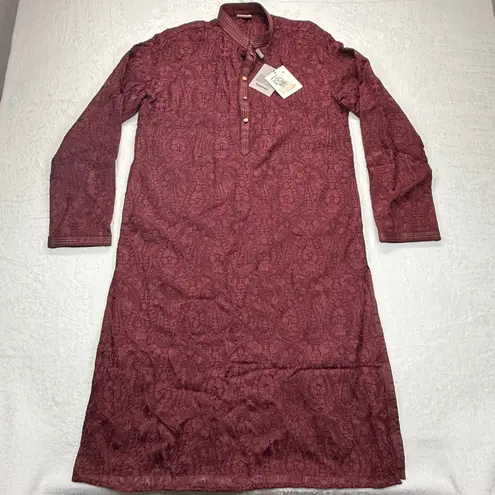 Twamev Kurta Wine Paisley Embroidered Indian Tunic Dress Large Red
