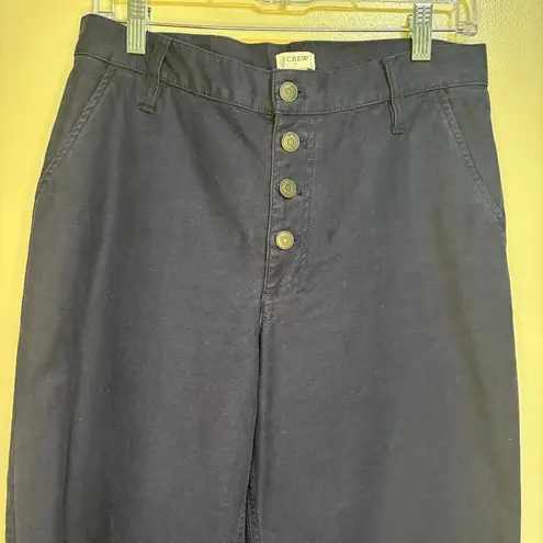 J Crew Factory Navy Wide Leg Button Front Pant Slub Cotton Cropped Trouser SZ 27 Blue