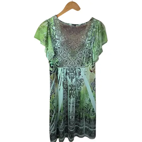 One World Women 90s Y2K Crinkle Fairy Goblincore Sequin Flutter Sleeve Dress LG