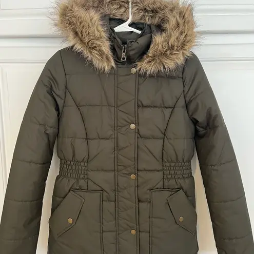 Krush  Womens XS Puffer Jacket Midi Coat Parka Olive Green Faux Fur Cinched Waist