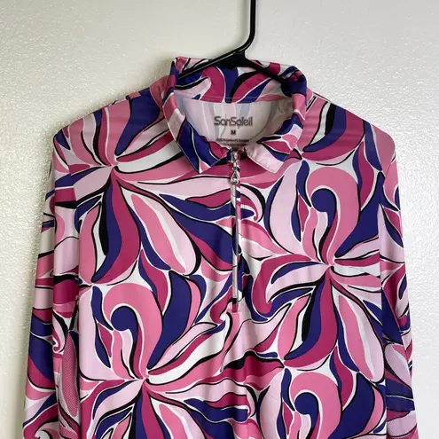 San Soleil Top Womens Size Medium Pink Floral 1/4 Zip Long Sleeve Sun UV UPF