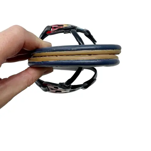 Tory Burch  Navy Blue Rainbow Stripe Miller Logo Patent Leather Sandals Size 7