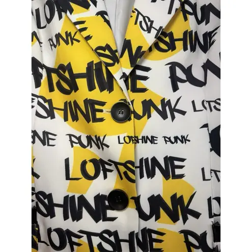 WHY Dress Rare Graffiti Print Jacket White Yellow Black Pockets 2 Buttons, Large