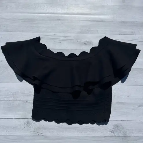 Endless Rose  Black Ruffle Off the Shoulder Eyelet Crop Top with Scalloped Edge S