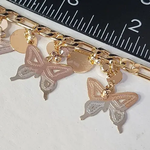 Gold Figaro Chain Anklet Bracelet with Tricolor Gold Butterfly Charms