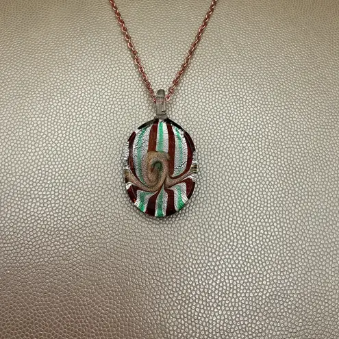 Handmade Artisan Green Burgundy Stripe Glass Pendant With New Chain