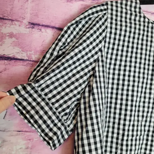 Who What Wear  BLACK WHITE BUFFALO CHECK PLAID PUFF SLEEVE BUTTON FRONT BLOUSE