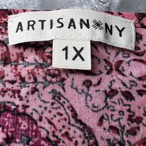 Artisan NY Tunic Top Womens 1X Pink Burgundy Paisley Print Shirt Boho Tassels