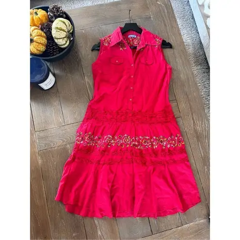 Ginger Red Embroidered Sleeveless Mini Dress Button Down Size Medium