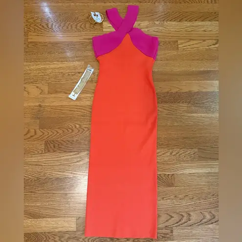 INA NWOT Crossover Contrast Neckline Stretch Ribbed Knit Midi Dress size M