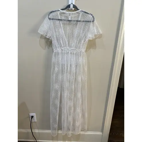 Coquette Lingerie Sheer Flower Dotted Flutter Long Robe Kimono One Size Sheer White