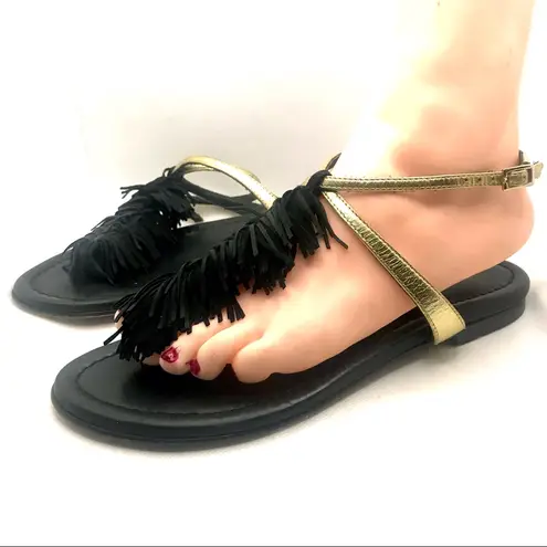 VISCONTI & DE REAU BLACK & GOLD LEATHER WITH FRINGE THONG SANDALS (37) Size 6