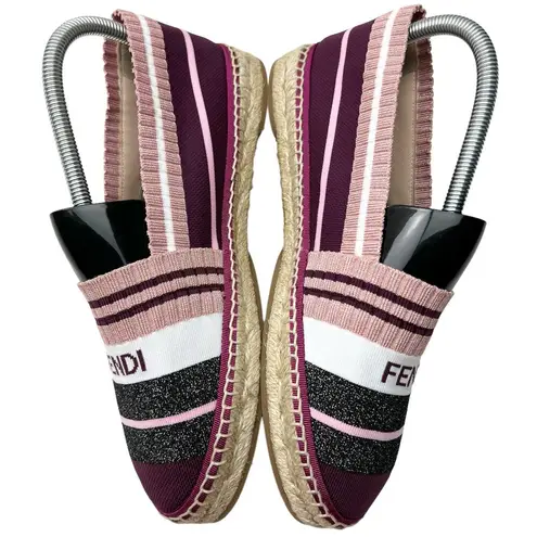 Fendi  Striped Glitter Accent Espadrilles EU 39 US 9 Pink Black Knit Flat Shoes