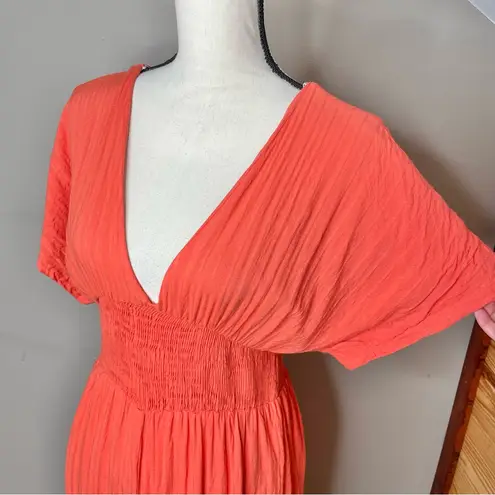 Lulus Spend Some Time Coral Smocked Short Sleeve Culotte Jumpsuit Medium Orange